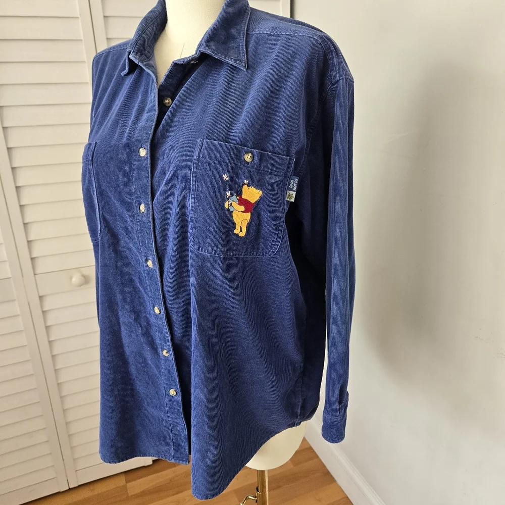 Vtg Disney Pooh Navy Embroidered Corduroy Button-up Shirt XL Cottagecore Retro - Picture 3 of 13